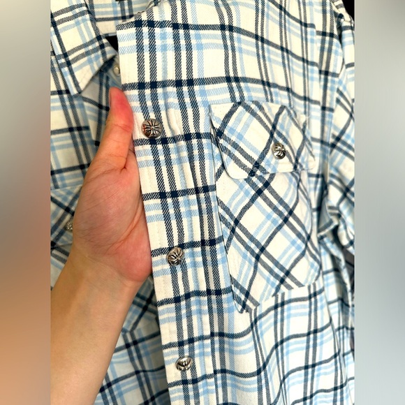 Chrome Hearts Flannel Plaid Shirt Unisex Size Medium Oversized Light Blue Navy - Picture 13 of 16